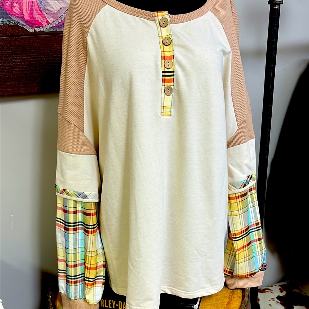 Plaid Sleeve Button Henley Top